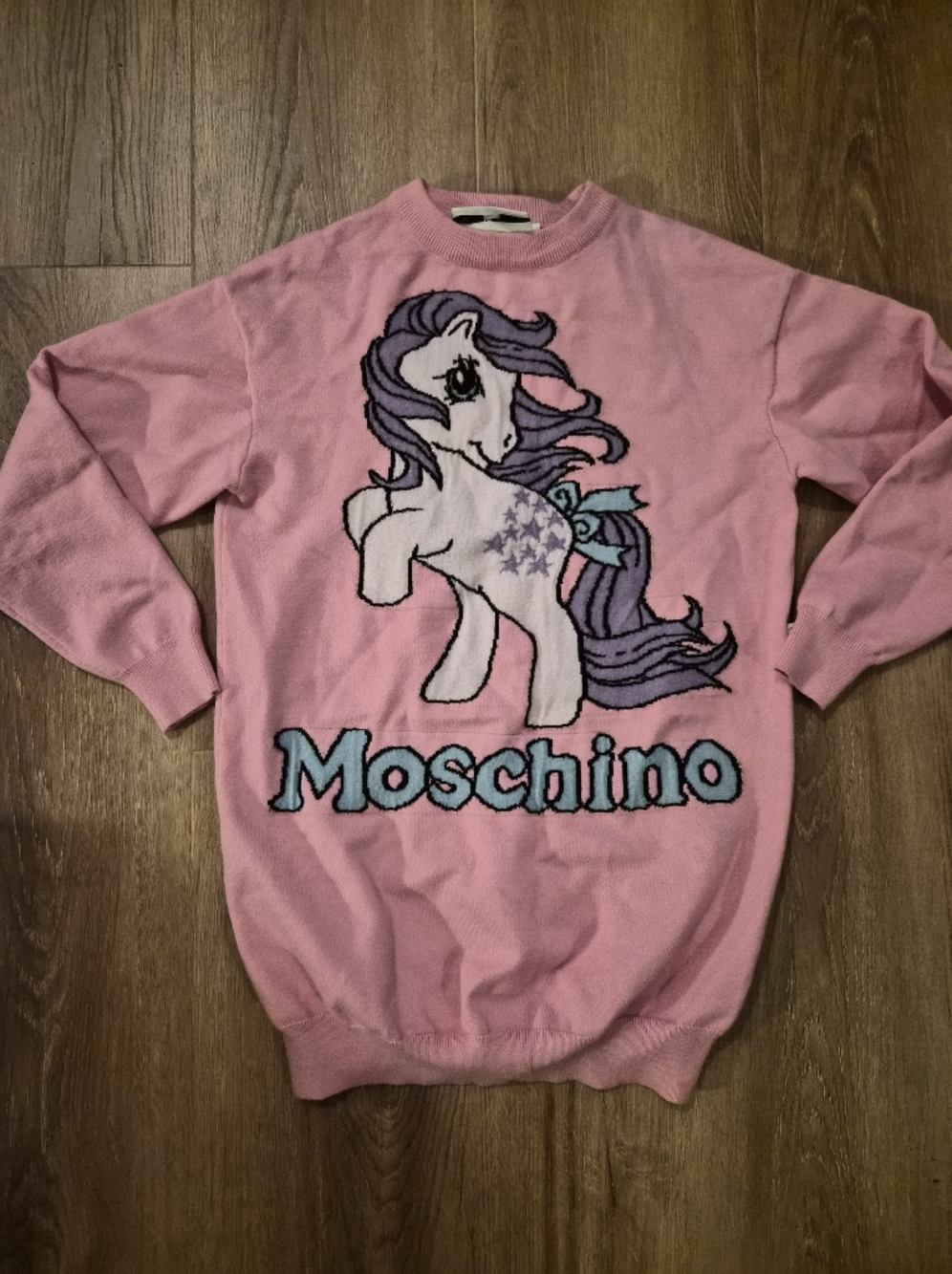 Moschino Pink Graphic Knit Sweater with Pastel Accents SMALL